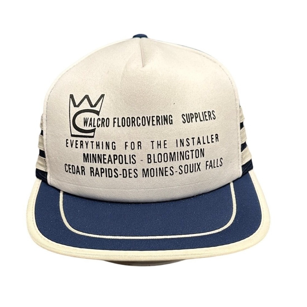Vtg Walcro Floorcovering 3 Stripe Trucker Hat‎ Cap Snapback Blue White